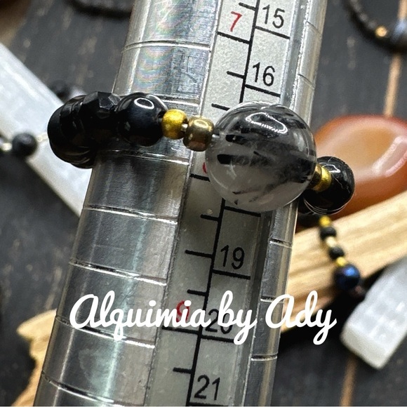 Black onyx charms gold beaded boho ring - Picture 2 of 4